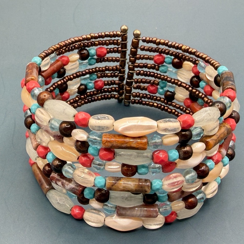 Multicolor Beaded Wide Cuff Bracelet Boho Statement Chunky Festival Jewelry